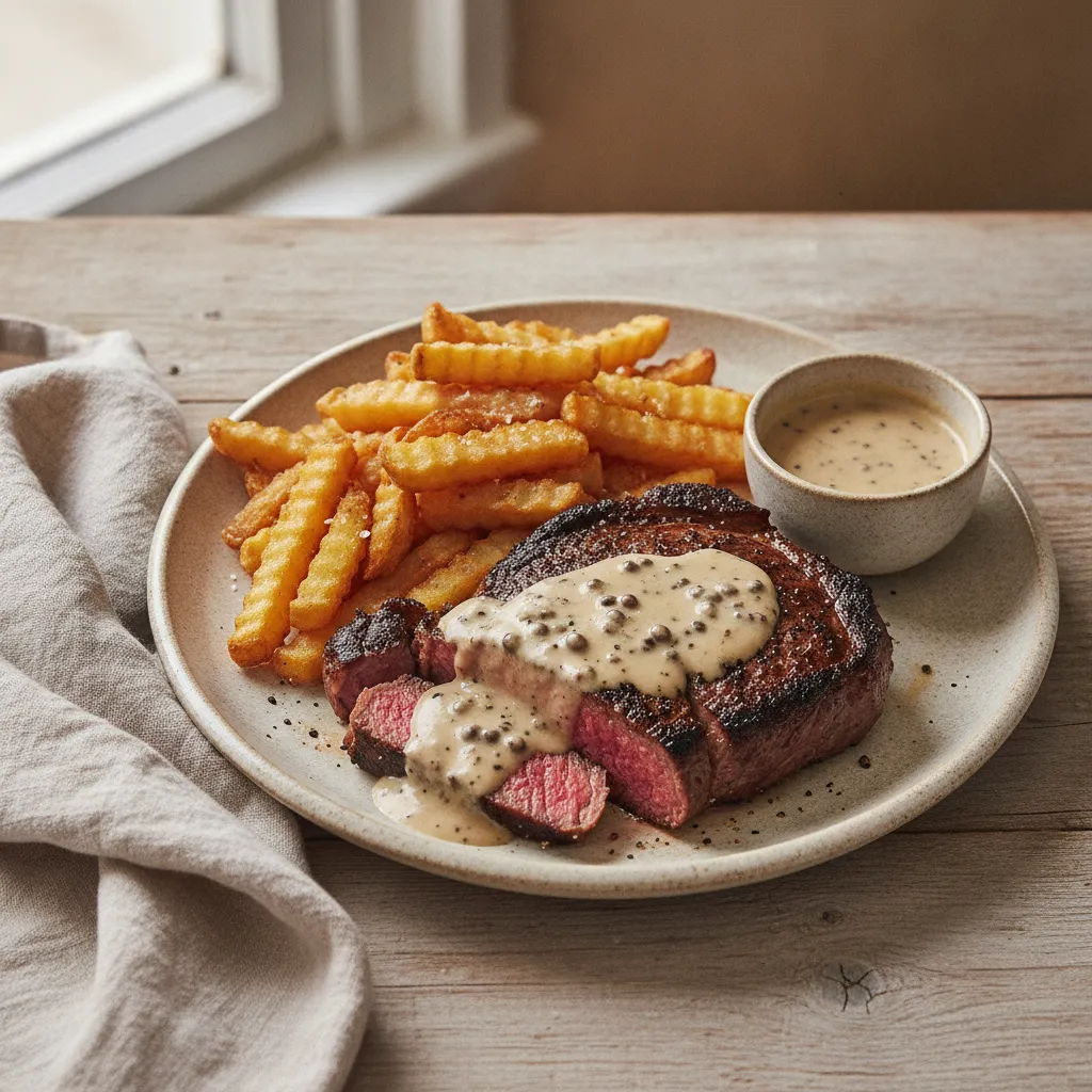 Steak frites, sauce au poivre