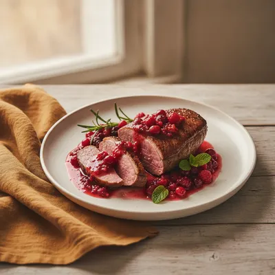 Magret de canard, sauce aux fruits rouges