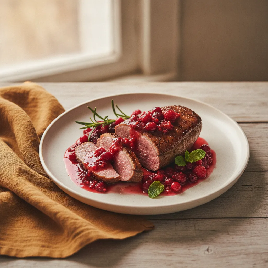 Magret de canard, sauce aux fruits rouges