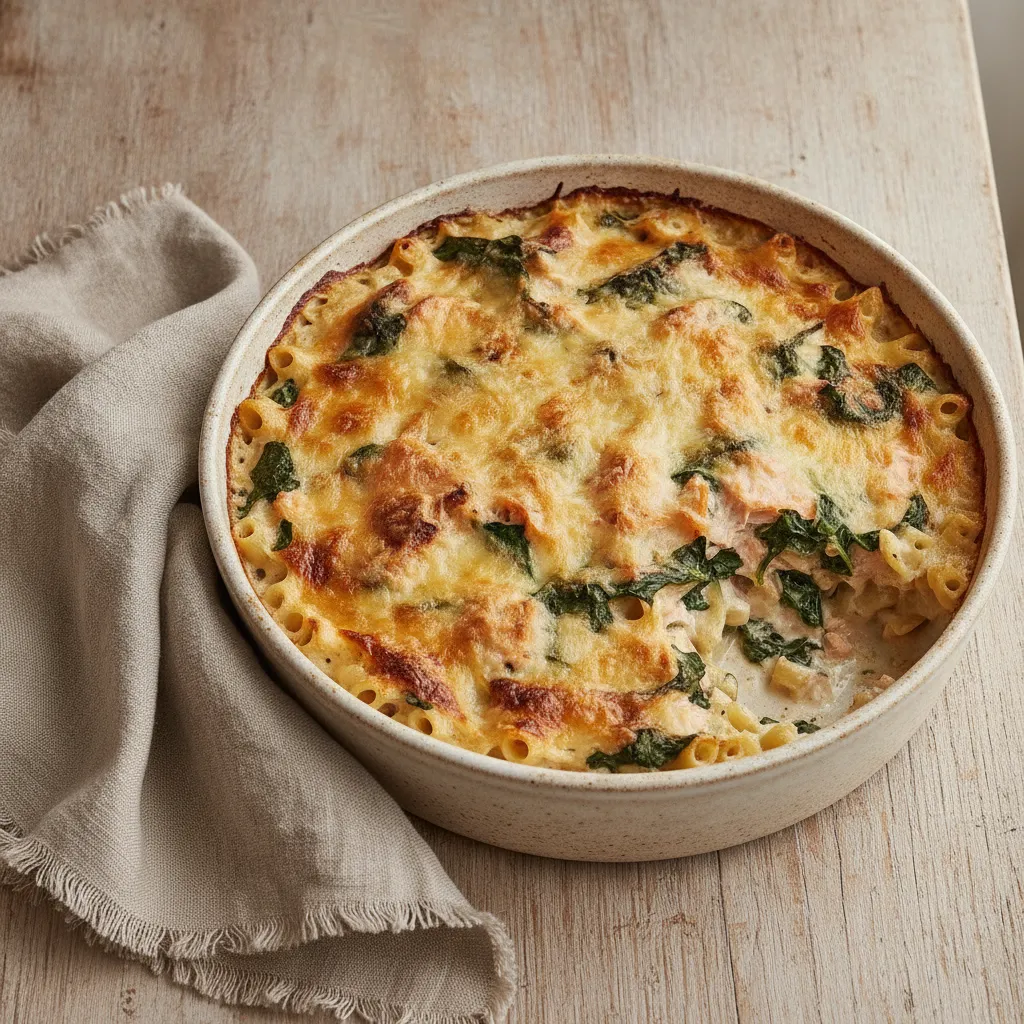 Gratin de pâtes au saumon et épinards