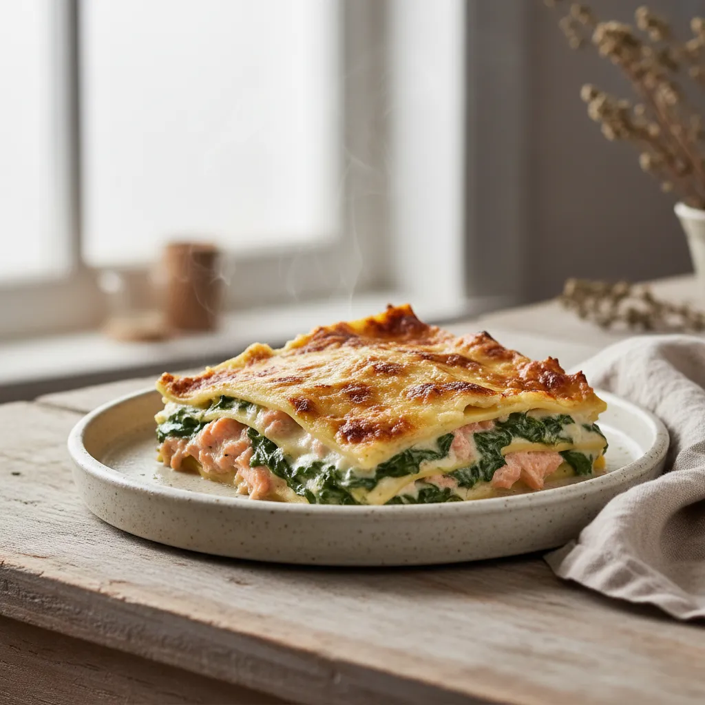 Lasagnes crémeuses au saumon et à la fondue d'épinards