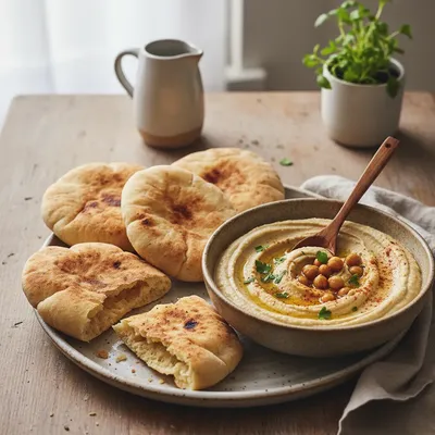 Pains pita à la poêle et leur houmous crémeux au cumin